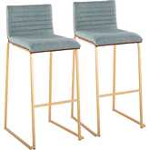 Mason Mara 30" Bar Stool in Gold, Walnut Wood & Green Fabric (Set of 2)